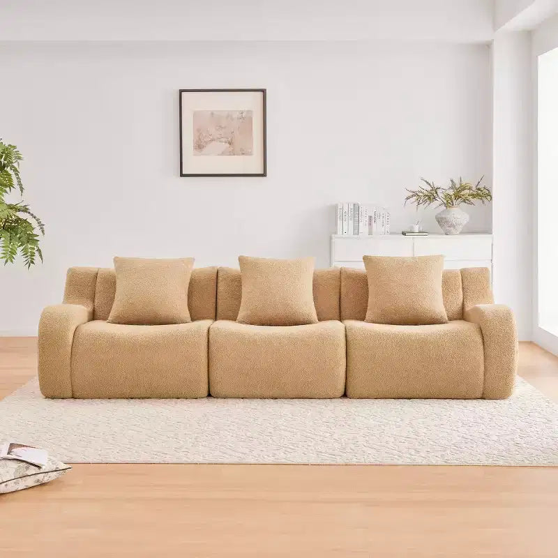 Divano componibile moderno con bracciolo curvo, divano a 3 posti profondo in tessuto Teddy per soggiorno e camera da letto, nessun assemblaggio richiesto