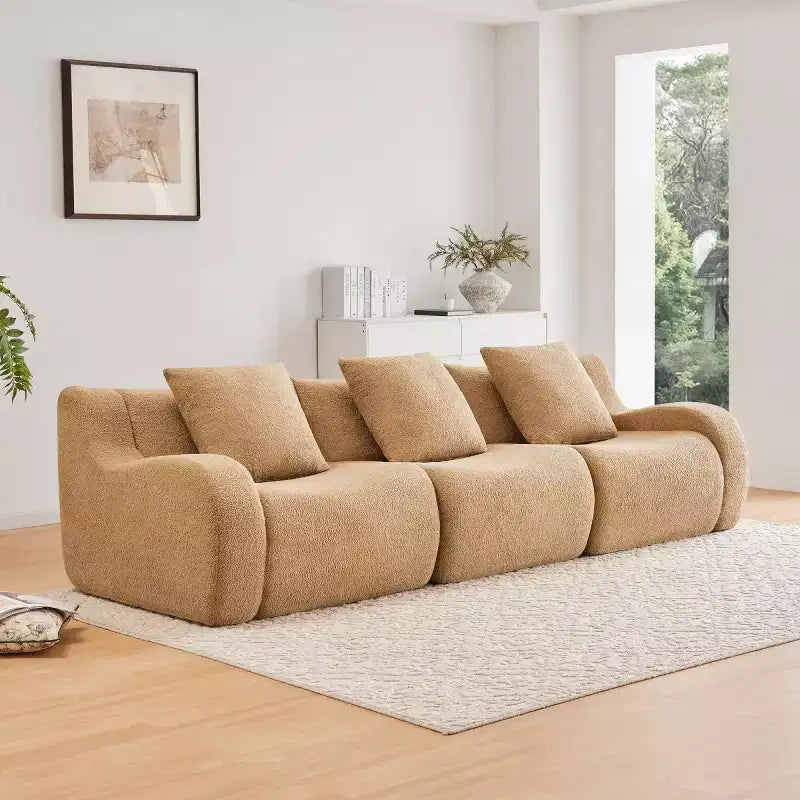 Divano componibile moderno con bracciolo curvo, divano a 3 posti profondo in tessuto Teddy per soggiorno e camera da letto, nessun assemblaggio richiesto