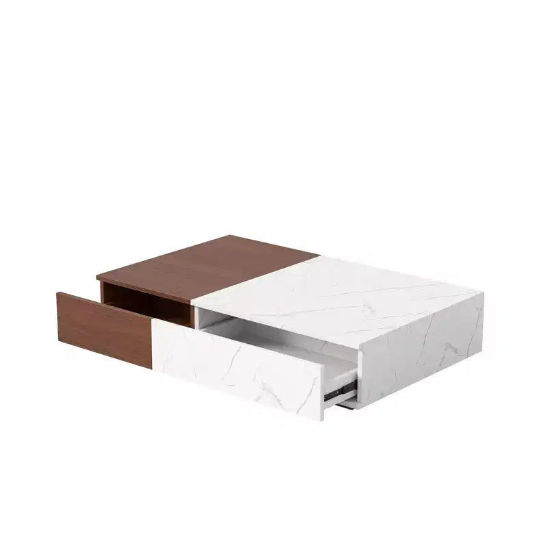 TUYOHW Tavolino da caffè basso bicolore con contenitore, tavolino centrale a 2 cassetti per soggiorno, tavolino da cocktail rettangolare con design a motivo in marmo