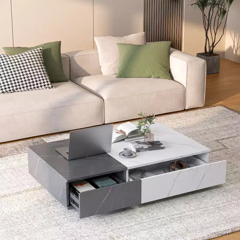 TUYOHW Tavolino da caffè basso bicolore con contenitore, tavolino centrale a 2 cassetti per soggiorno, tavolino da cocktail rettangolare con design a motivo in marmo