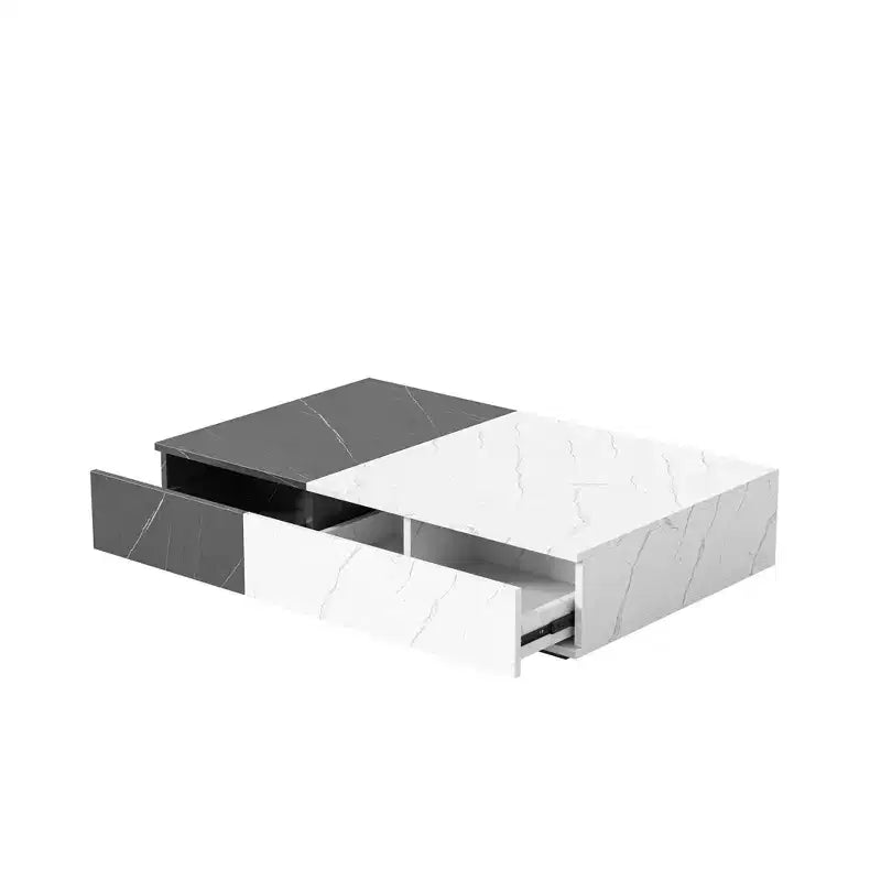 TUYOHW Tavolino da caffè basso bicolore con contenitore, tavolino centrale a 2 cassetti per soggiorno, tavolino da cocktail rettangolare con design a motivo in marmo