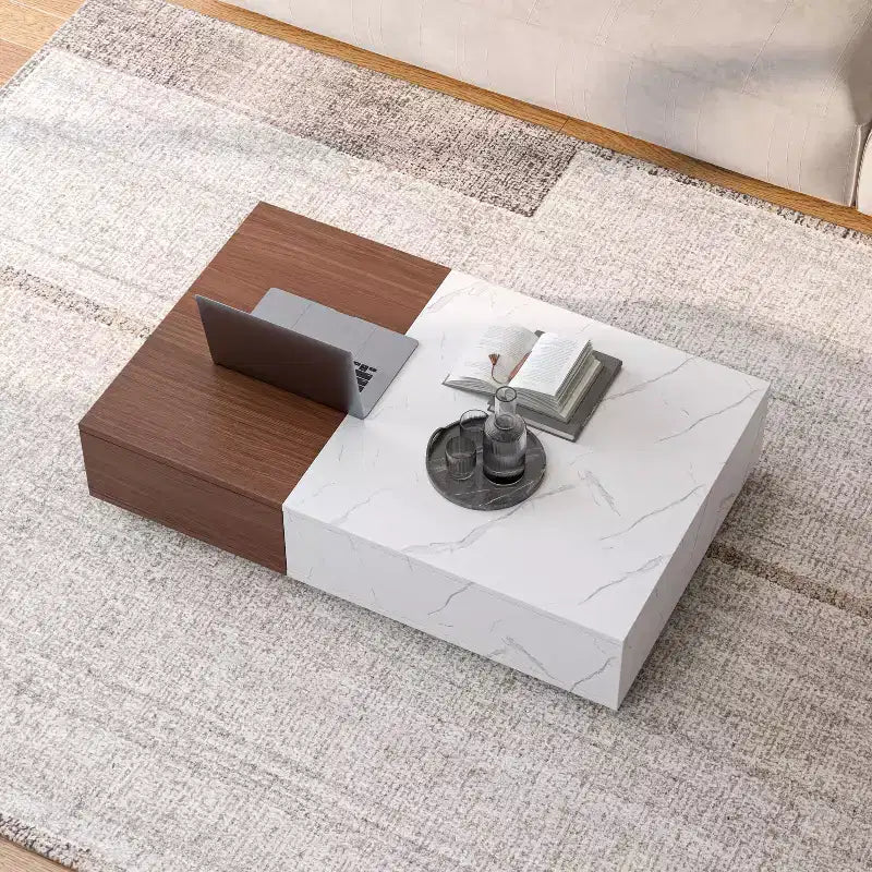 TUYOHW 2-Tone Low Coffee Table with Storage,2-Drawer Center Table for Living Room,Rectangular Cocktail Table with Marble Pattern Design
