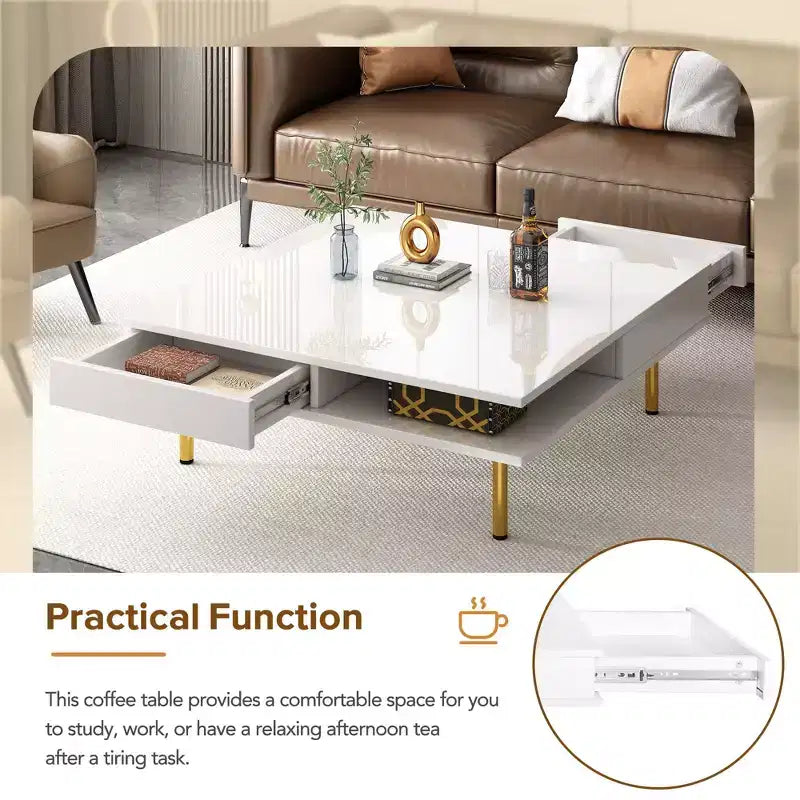Squisito Tavolino da Caffè con Cassetti, Tavolino Centrale in Legno a 2 Livelli per Arredamento Domestico, Tavolino da Cocktail da Soggiorno con Piano Lucido, Max 50 kg, Bianco