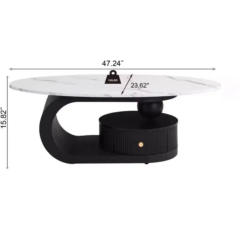 Tavolino nido moderno da 2, tavolino da caffè ovale per soggiorno, tavolino rotondo con cassetto, tavolino da cocktail con contenitore, nero/bianco