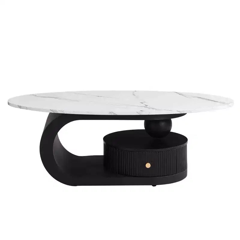 Tavolino nido moderno da 2, tavolino da caffè ovale per soggiorno, tavolino rotondo con cassetto, tavolino da cocktail con contenitore, nero/bianco