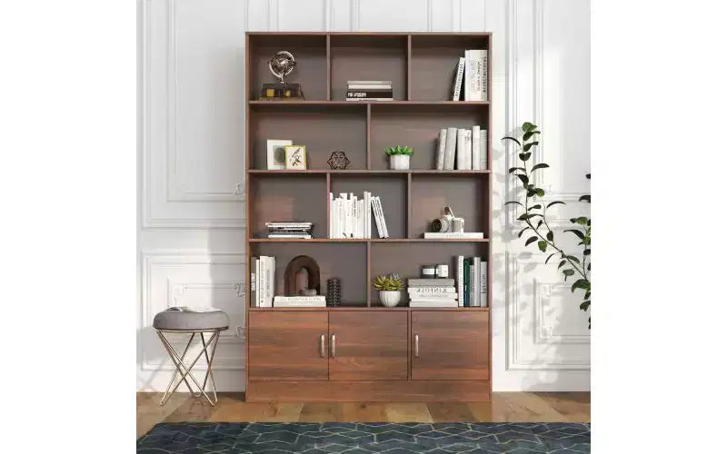 TUYOHW Libreria Alta a 4 Livelli con 10 Cubi e 3 Ante, Libreria a Scaffale Aperto con Armadietto, Scaffali in Legno per Soggiorno, Ufficio