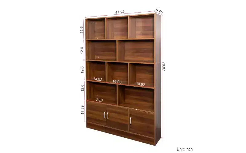 TUYOHW Libreria Alta a 4 Livelli con 10 Cubi e 3 Ante, Libreria a Scaffale Aperto con Armadietto, Scaffali in Legno per Soggiorno, Ufficio