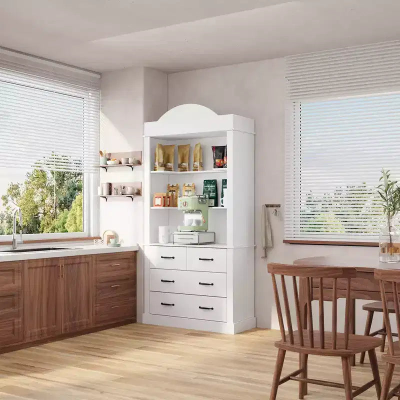 Credenza dispensa cucina autoportante, mobile contenitore da cucina con 4 cassetti/scaffali aperti, mobile organizer per cucina e angolo caffè