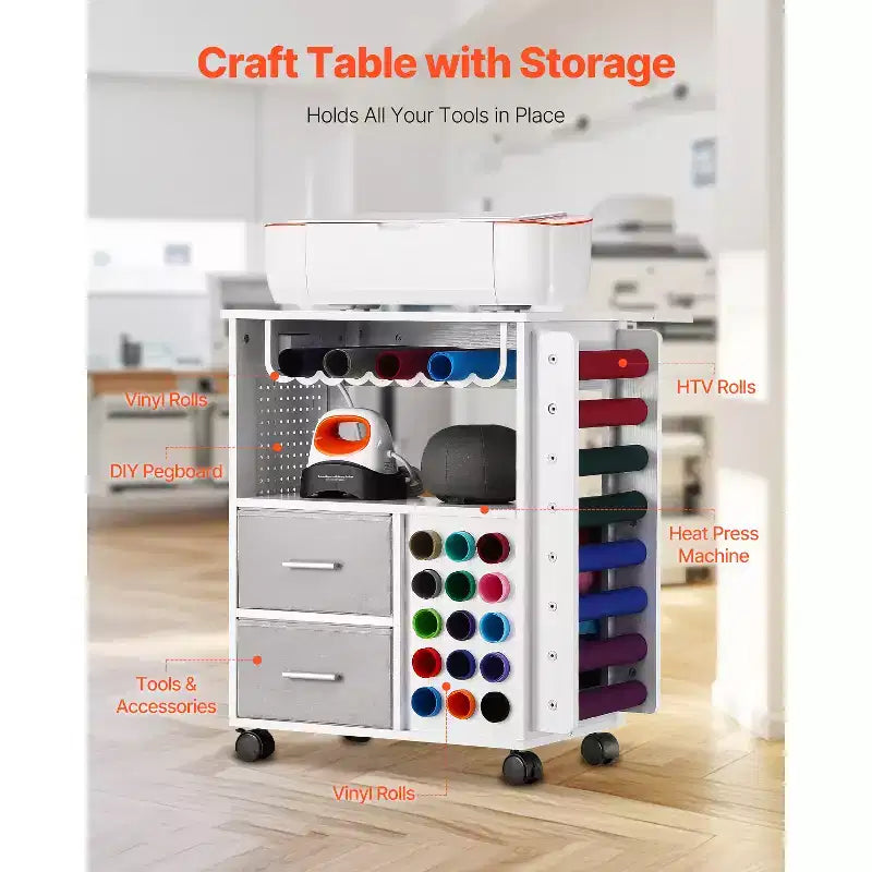 VEVOR Carrello e Tavolo portaoggetti Rotante per Artigianato, Compatibile con Macchine Cricut, Workstation per Organizzazione Tavolo da Artigianato con 2 porte USB e Prese, Bianco
