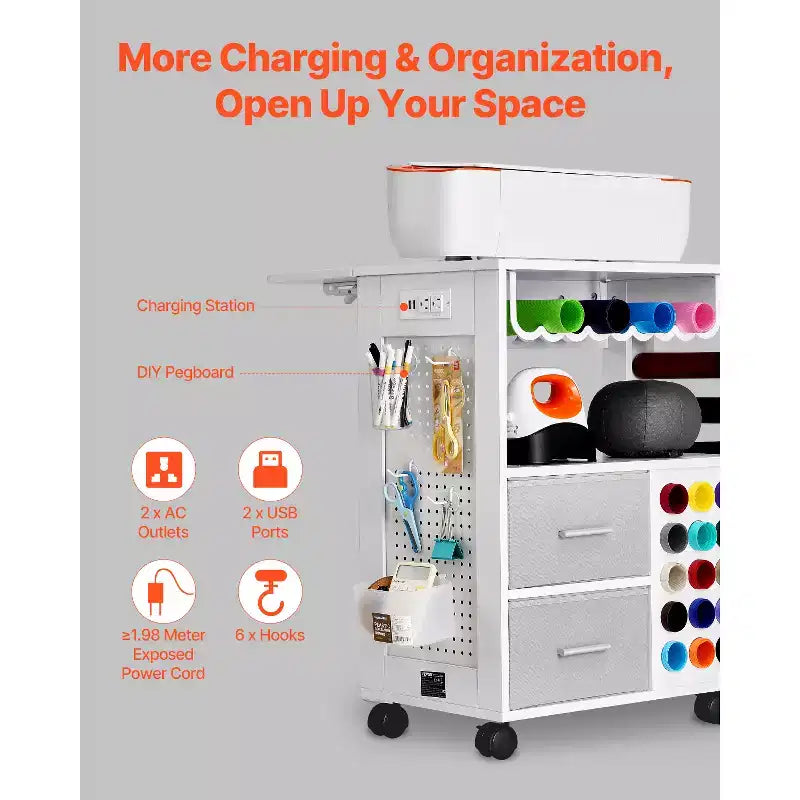 VEVOR Carrello e Tavolo portaoggetti Rotante per Artigianato, Compatibile con Macchine Cricut, Workstation per Organizzazione Tavolo da Artigianato con 2 porte USB e Prese, Bianco