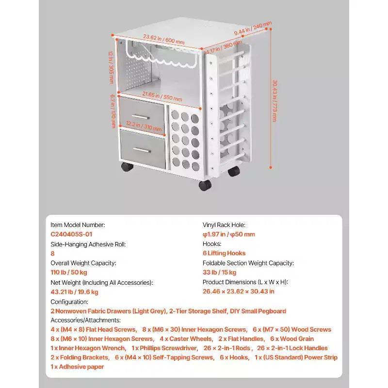 VEVOR Carrello e Tavolo portaoggetti Rotante per Artigianato, Compatibile con Macchine Cricut, Workstation per Organizzazione Tavolo da Artigianato con 2 porte USB e Prese, Bianco