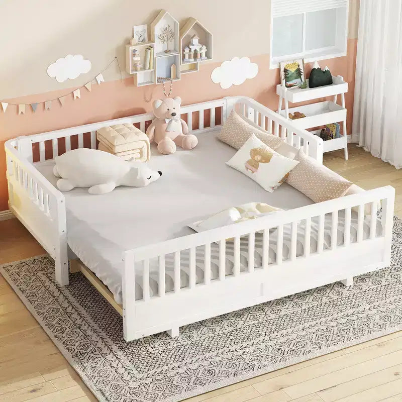 Base letto a piattaforma convertibile Twin/Twin XL con sponde di sicurezza, convertibile in letto doppio Twin/Queen, struttura in legno massello