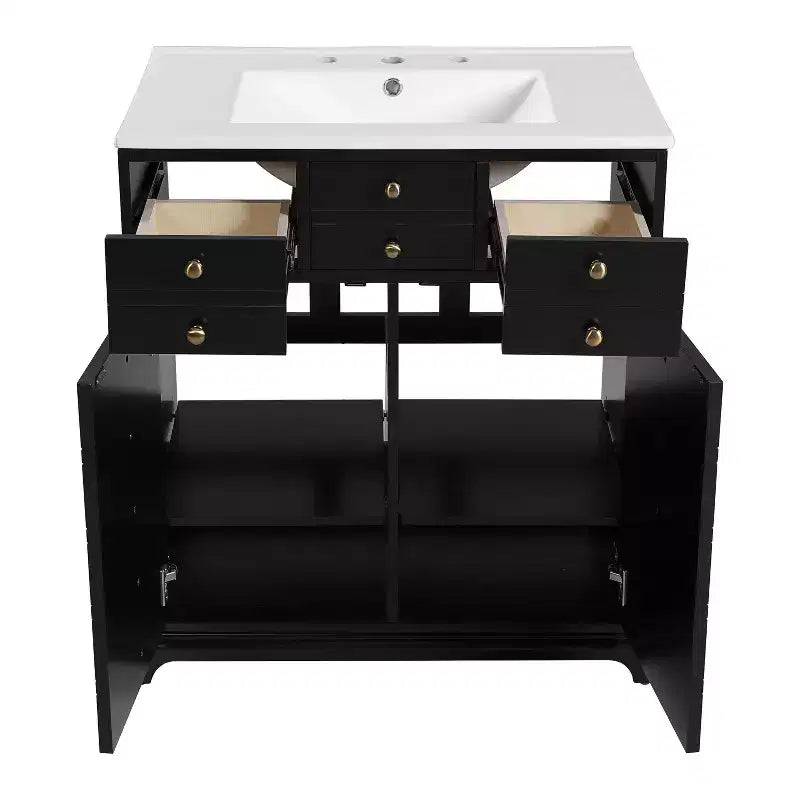 Mobile bagno da 76 cm con lavabo, armadietto da bagno con cassetti e ante a chiusura ammortizzata, nero
