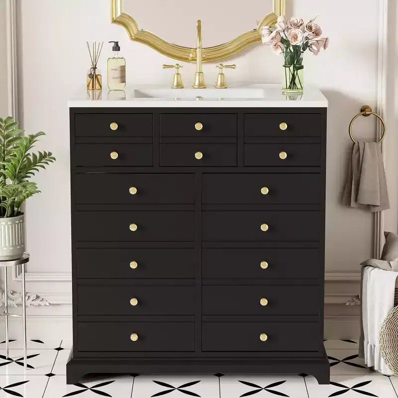 Mobile bagno da 76 cm con lavabo, armadietto da bagno con cassetti e ante a chiusura ammortizzata, nero