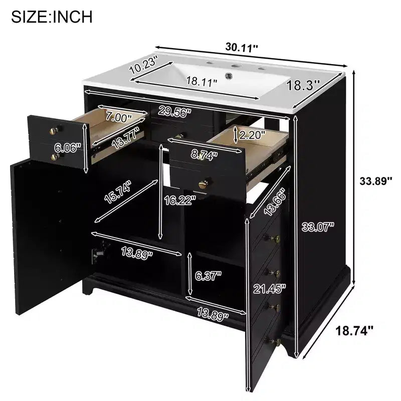 Mobile bagno da 76 cm con lavabo, armadietto da bagno con cassetti e ante a chiusura ammortizzata, nero
