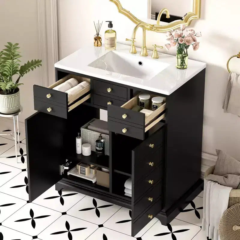 Mobile bagno da 76 cm con lavabo, armadietto da bagno con cassetti e ante a chiusura ammortizzata, nero