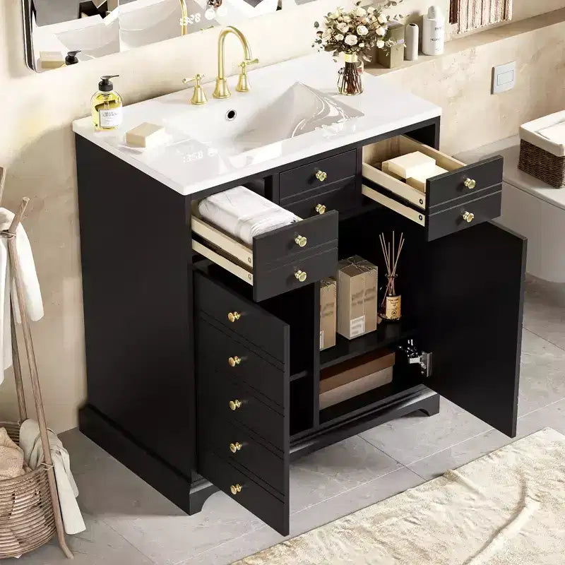 Mobile bagno da 76 cm con lavabo, armadietto da bagno con cassetti e ante a chiusura ammortizzata, nero