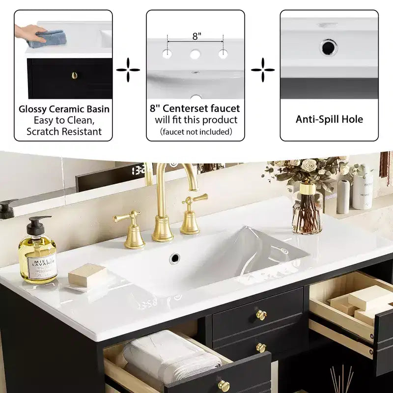 Mobile bagno da 76 cm con lavabo, armadietto da bagno con cassetti e ante a chiusura ammortizzata, nero