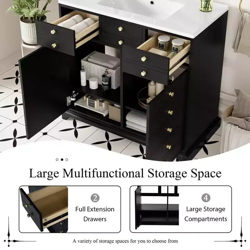 Mobile bagno da 76 cm con lavabo, armadietto da bagno con cassetti e ante a chiusura ammortizzata, nero