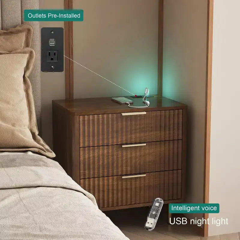 Comodino Intelligente con Luce Notturna a Comando Vocale e Stazione di Ricarica, Tavolino da Comodino con 3 Cassetti, Tavolino d'Appoggio per Camera da Letto, Soggiorno