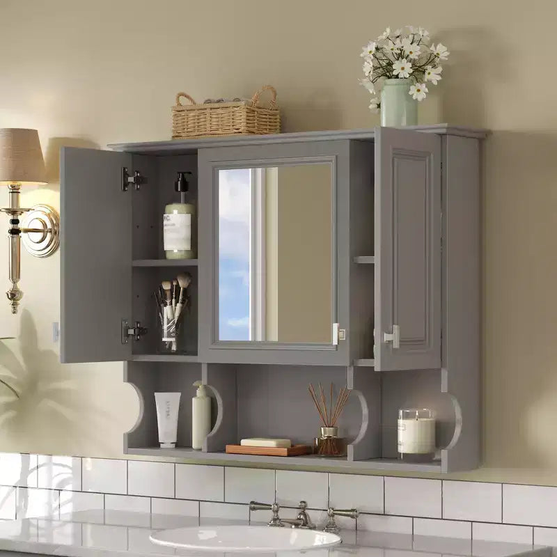 Armadietto dei medicinali con specchio a parete 35 x 28 con ripiani aperti, Armadietto moderno per bagno