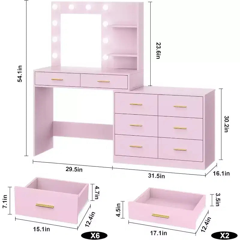 Tocador da 61 con specchio e luci, tavolo da trucco bianco con 8 cassetti e 2 mensole, 3 modalità di illuminazione con luminosità regolabile