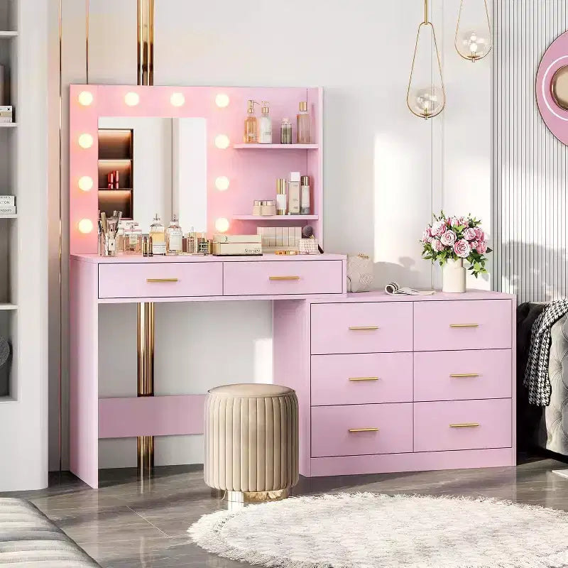 Tocador da 61 con specchio e luci, tavolo da trucco bianco con 8 cassetti e 2 mensole, 3 modalità di illuminazione con luminosità regolabile
