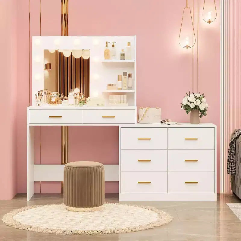Tocador da 61 con specchio e luci, tavolo da trucco bianco con 8 cassetti e 2 mensole, 3 modalità di illuminazione con luminosità regolabile