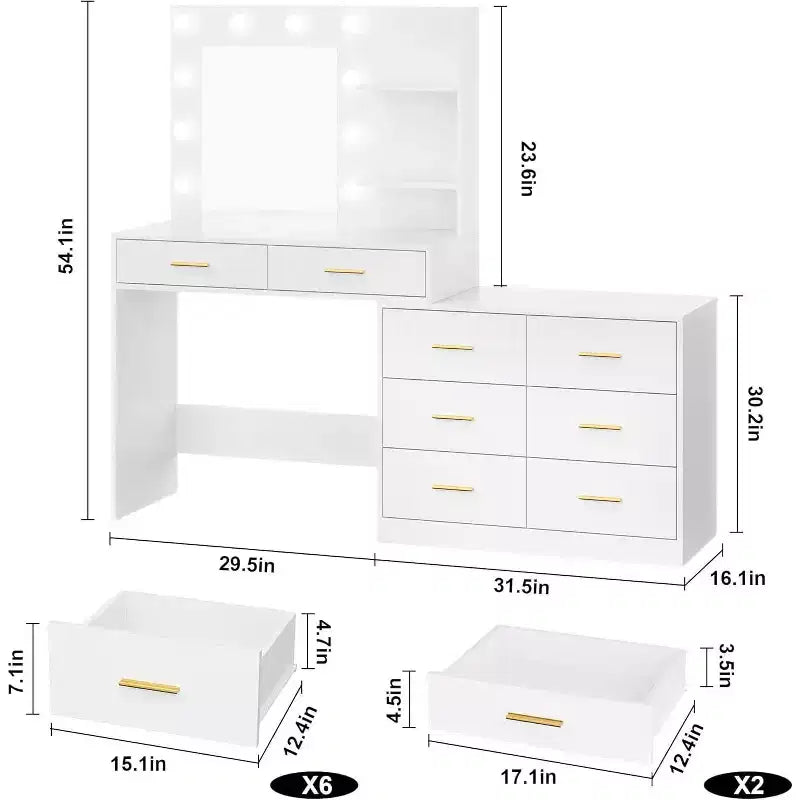 Tocador da 61 con specchio e luci, tavolo da trucco bianco con 8 cassetti e 2 mensole, 3 modalità di illuminazione con luminosità regolabile