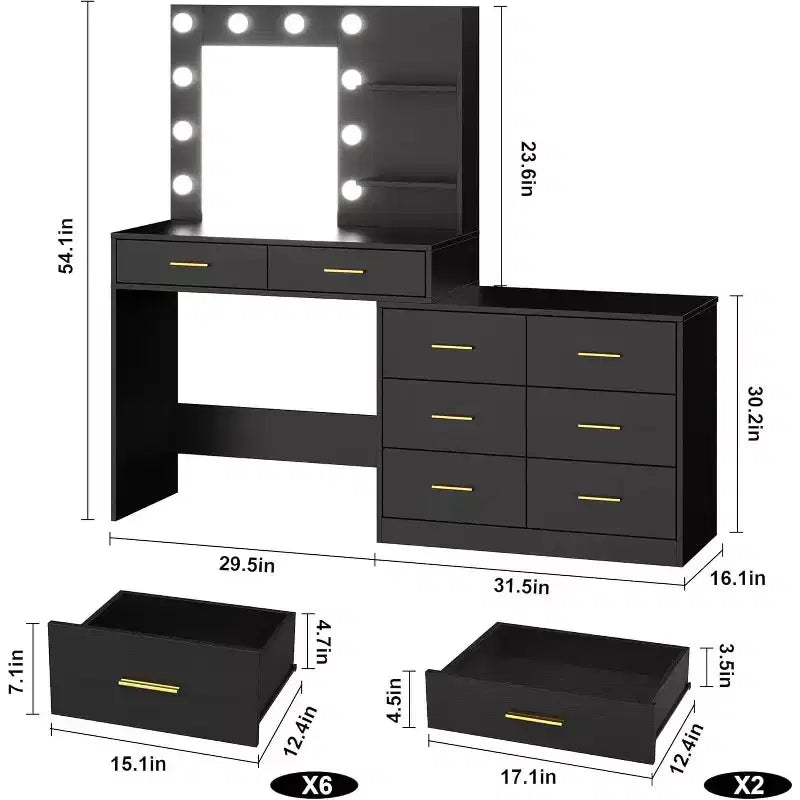 Tocador da 61 con specchio e luci, tavolo da trucco bianco con 8 cassetti e 2 mensole, 3 modalità di illuminazione con luminosità regolabile