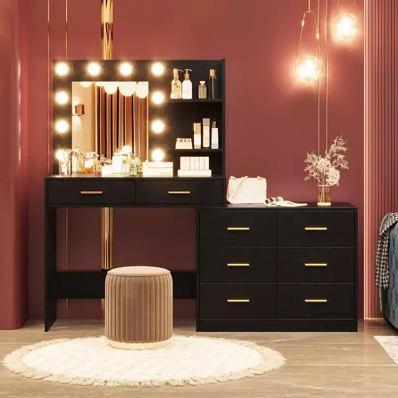 Tocador da 61 con specchio e luci, tavolo da trucco bianco con 8 cassetti e 2 mensole, 3 modalità di illuminazione con luminosità regolabile