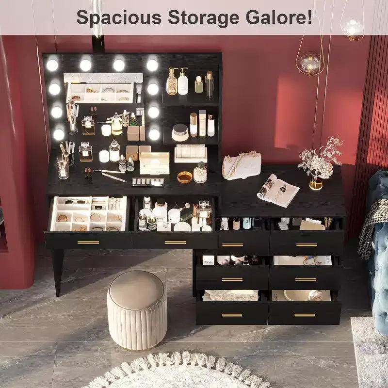 Tocador da 61 con specchio e luci, tavolo da trucco bianco con 8 cassetti e 2 mensole, 3 modalità di illuminazione con luminosità regolabile