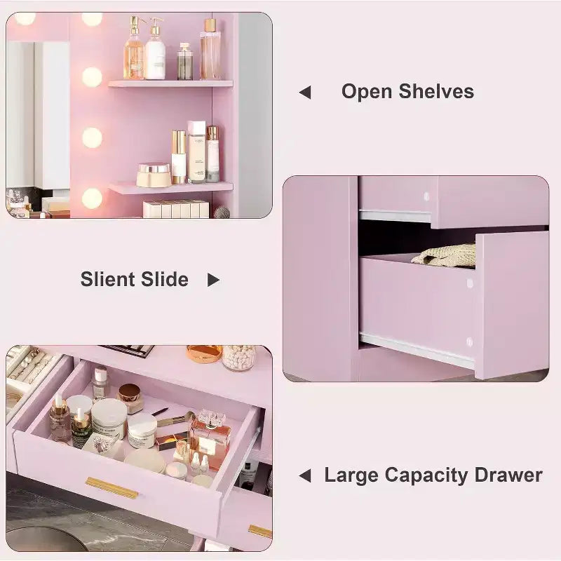 Tocador da 61 con specchio e luci, tavolo da trucco bianco con 8 cassetti e 2 mensole, 3 modalità di illuminazione con luminosità regolabile
