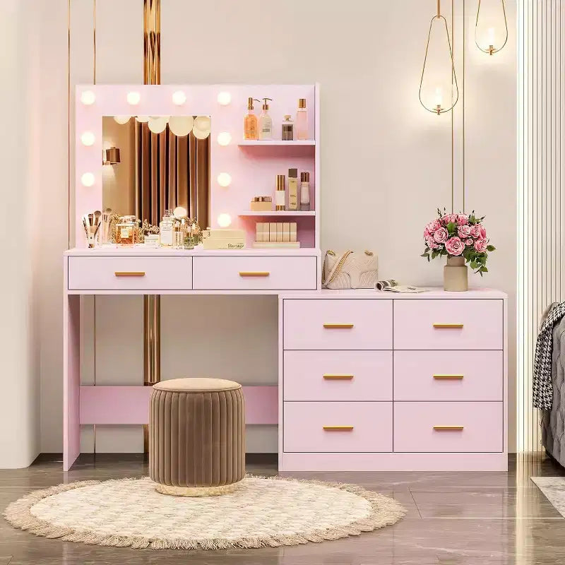Tocador da 61 con specchio e luci, tavolo da trucco bianco con 8 cassetti e 2 mensole, 3 modalità di illuminazione con luminosità regolabile