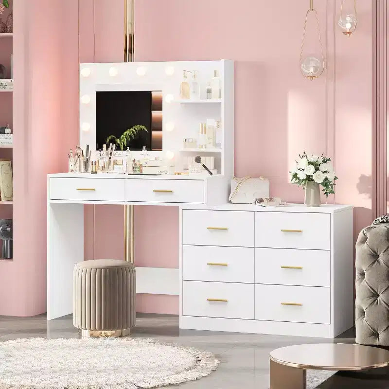 Tocador da 61 con specchio e luci, tavolo da trucco bianco con 8 cassetti e 2 mensole, 3 modalità di illuminazione con luminosità regolabile