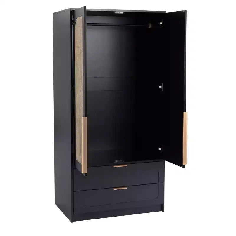 AEELLEEA 65 Armadio a 2 ante nero con 2 cassetti: con accenti in rattan e chiusura magnetica