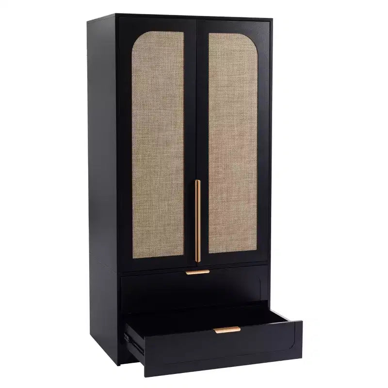 AEELLEEA 65 Armadio a 2 ante nero con 2 cassetti: con accenti in rattan e chiusura magnetica