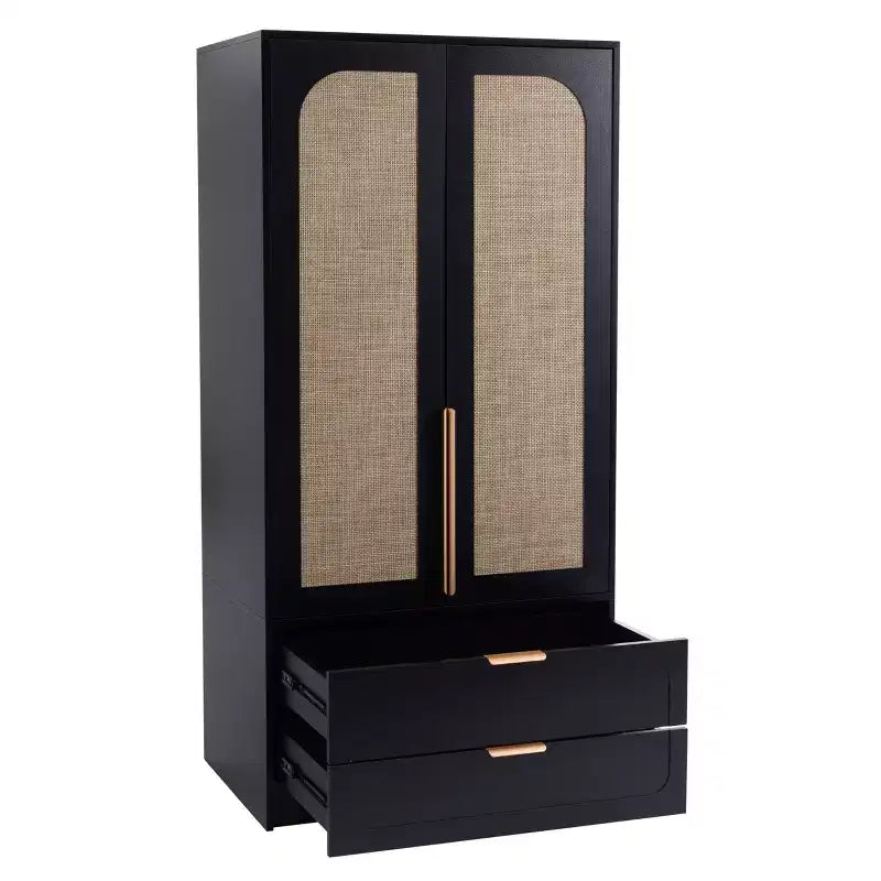 AEELLEEA 65 Armadio a 2 ante nero con 2 cassetti: con accenti in rattan e chiusura magnetica
