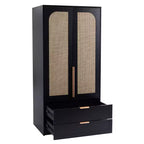 AEELLEEA 65 Armadio a 2 ante nero con 2 cassetti: con accenti in rattan e chiusura magnetica