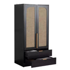 AEELLEEA 65 Armadio a 2 ante nero con 2 cassetti: con accenti in rattan e chiusura magnetica