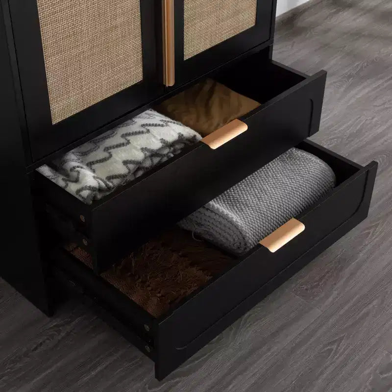 AEELLEEA 65 Armadio a 2 ante nero con 2 cassetti: con accenti in rattan e chiusura magnetica