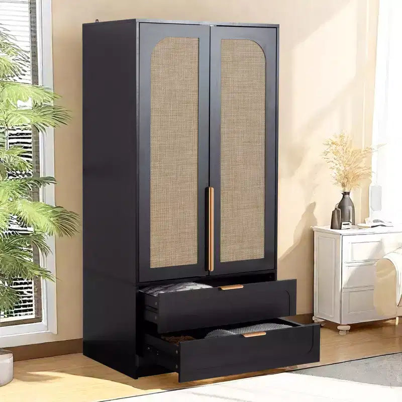AEELLEEA 65 Armadio a 2 ante nero con 2 cassetti: con accenti in rattan e chiusura magnetica