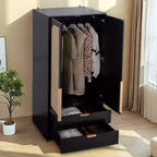 AEELLEEA 65 Armadio a 2 ante nero con 2 cassetti: con accenti in rattan e chiusura magnetica