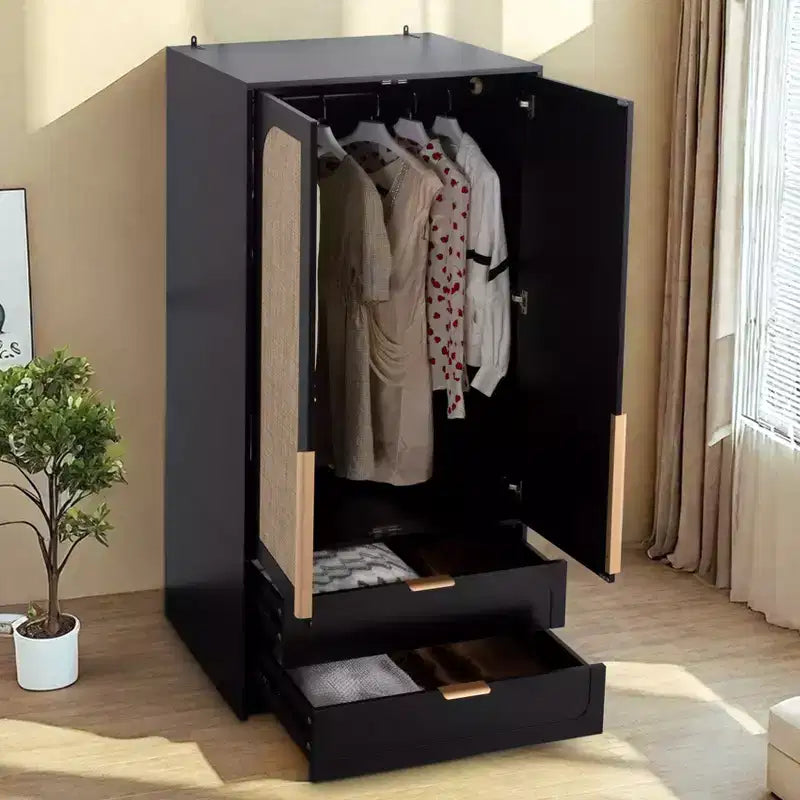 AEELLEEA 65 Armadio a 2 ante nero con 2 cassetti: con accenti in rattan e chiusura magnetica