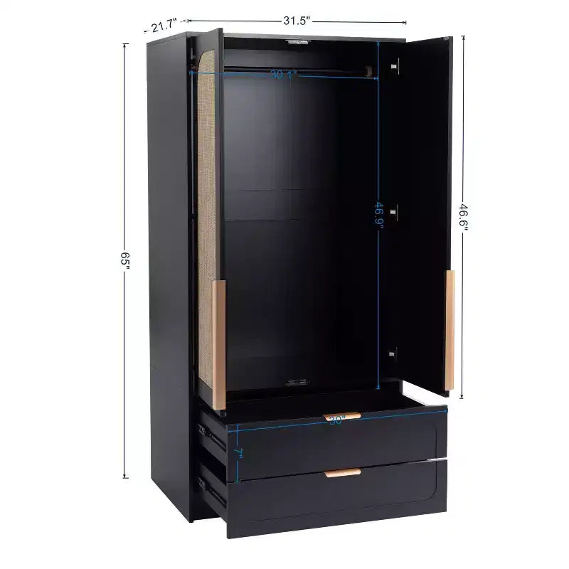 AEELLEEA 65 Armadio a 2 ante nero con 2 cassetti: con accenti in rattan e chiusura magnetica