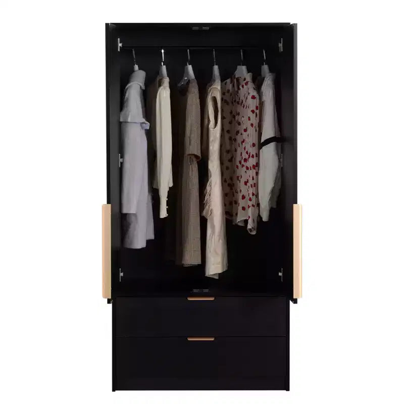 AEELLEEA 65 Armadio a 2 ante nero con 2 cassetti: con accenti in rattan e chiusura magnetica