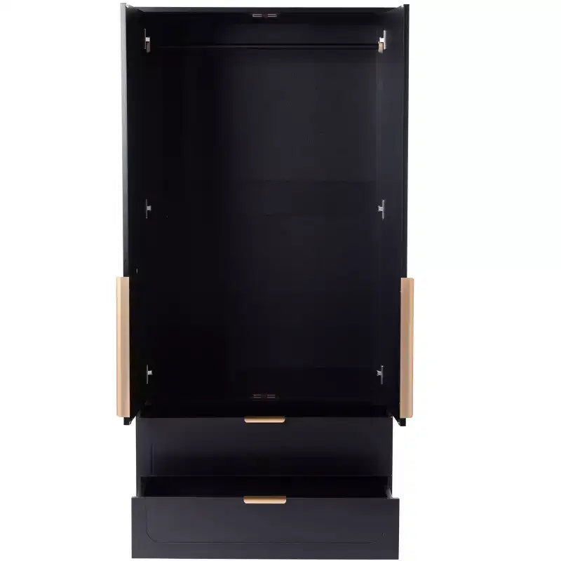 AEELLEEA 65 Armadio a 2 ante nero con 2 cassetti: con accenti in rattan e chiusura magnetica