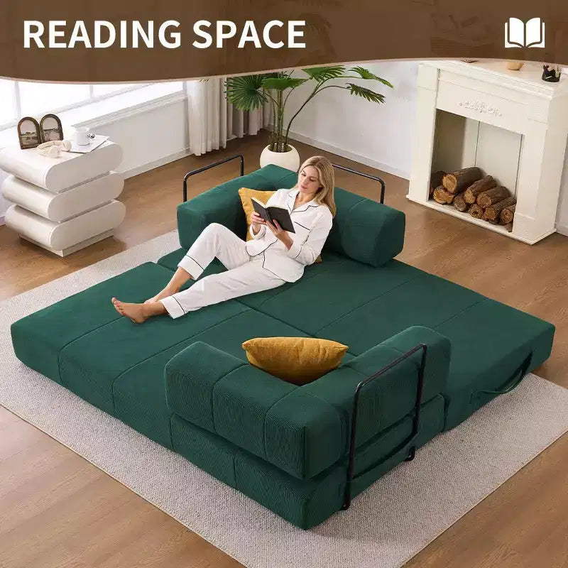 Divano Letto Convertibile 4-in-1, Divano da Terra in Velluto a Coste con 2 Cuscini e Braccioli in Metallo, Letto per Ospiti in Schiuma ad Alta Densità, Verde
