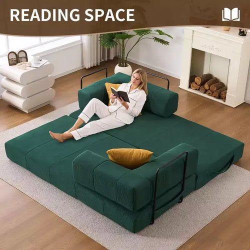 Divano Letto Convertibile 4-in-1, Divano da Terra in Velluto a Coste con 2 Cuscini e Braccioli in Metallo, Letto per Ospiti in Schiuma ad Alta Densità, Verde