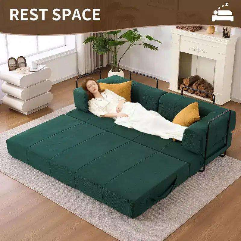 Divano Letto Convertibile 4-in-1, Divano da Terra in Velluto a Coste con 2 Cuscini e Braccioli in Metallo, Letto per Ospiti in Schiuma ad Alta Densità, Verde